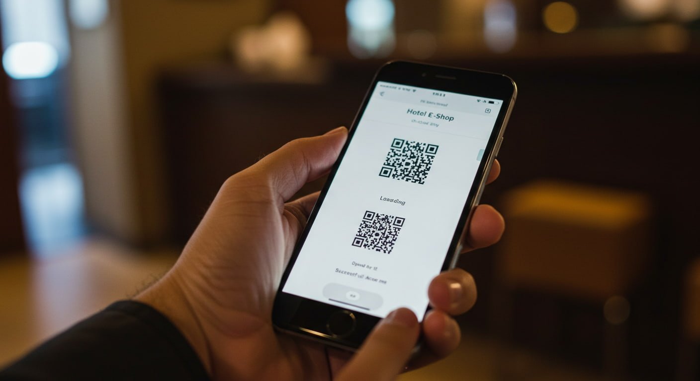 Guest scanning a QR code with their smartphone