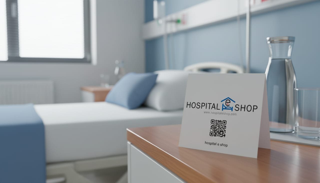 QR code tent card on a hospital room desk